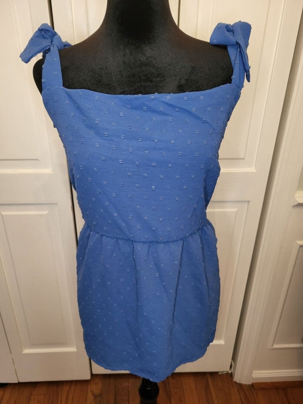 NWT Culture Code Blue Clip Dot Babydoll Tank Smocking Bow 2X Coquette Coastal